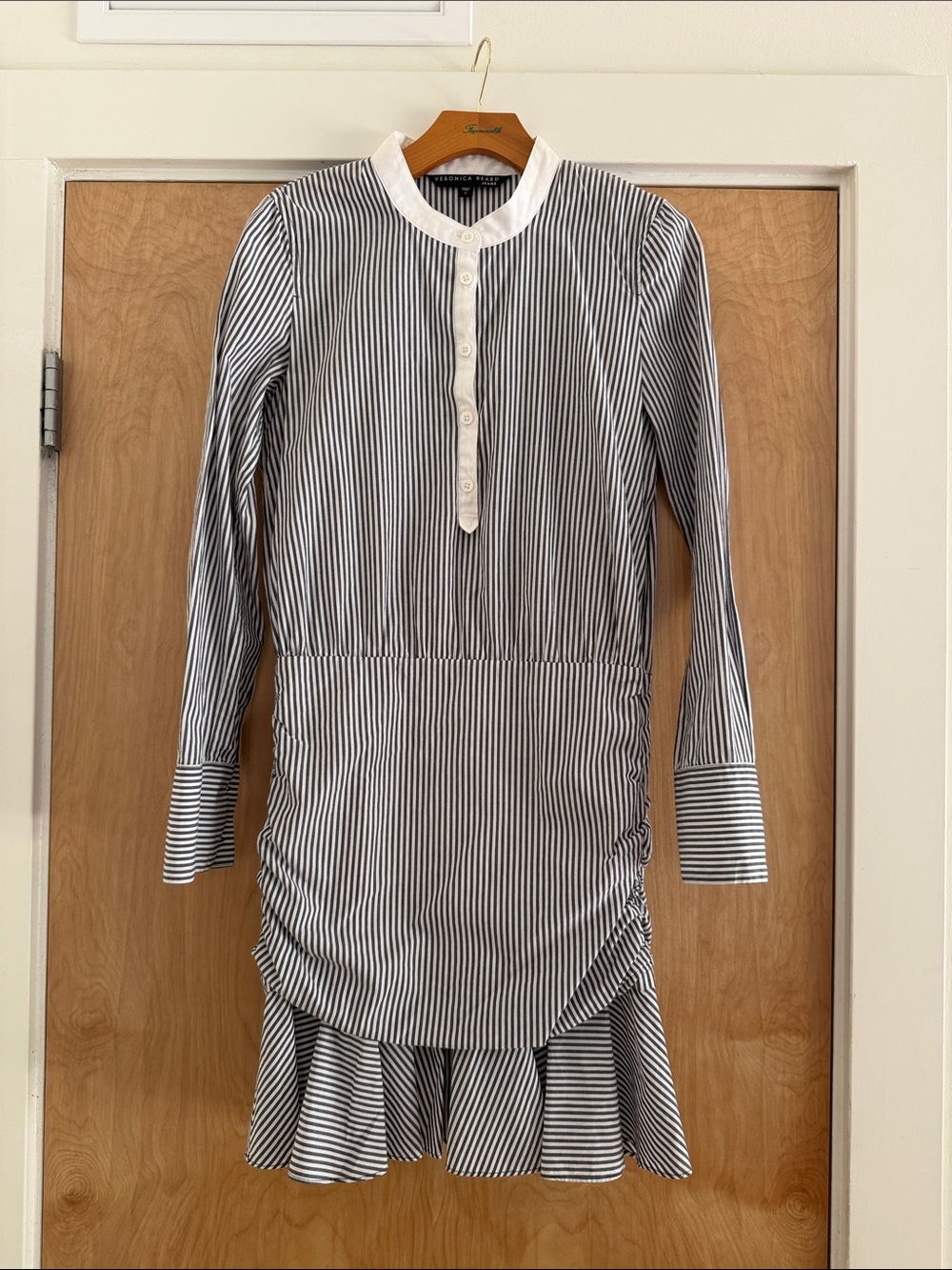 Veronica Beard Jeans Striped Ruched Ruffle Hem Shirt Dress Size S